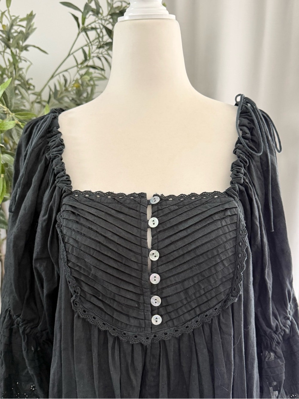 Kinga Csilla Artisan Peasant Midi Dress Black Puff Sleeve Oversized Boho Cottage - Picture 2 of 11